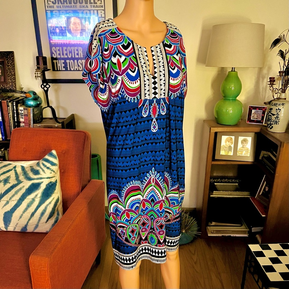 Shelli Segal peacock & jewels patterned lined dress NWOT